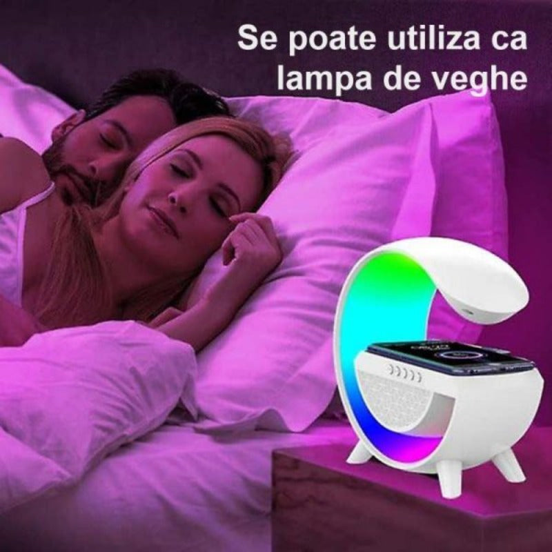 Boxa Multifunctionala 3 in 1, Lampa LED RGB Smart, Boxa Bluetooth, Incarcator Telefon Wireless, Lumina RGB, Alb