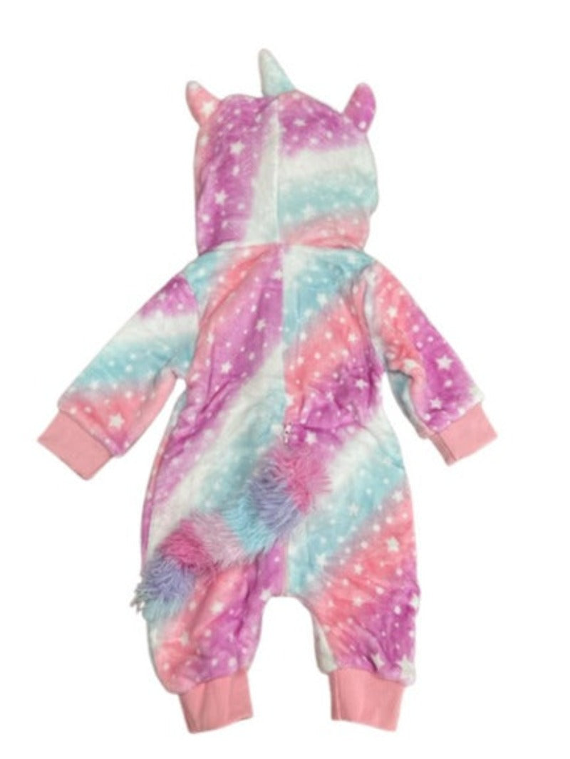 Pijama unicorn pentru bebelusi tip salopeta din material moale si pufos