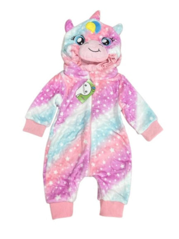 Pijama unicorn pentru bebelusi tip salopeta din material moale si pufos