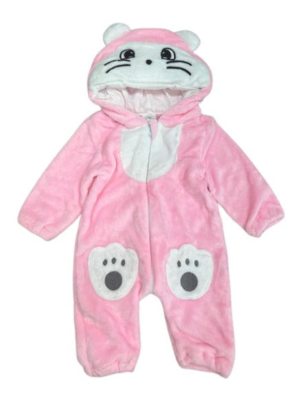Pijama pisicuta pentru bebelusi tip salopeta din material moale si pufos