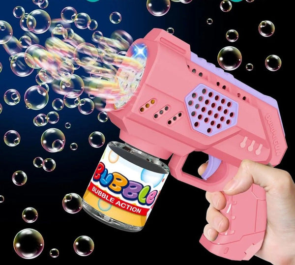 Jucarie interactiva Pistol de facut baloane de sapun, Bubble Machine, cu luminite, alimentare cu baterii