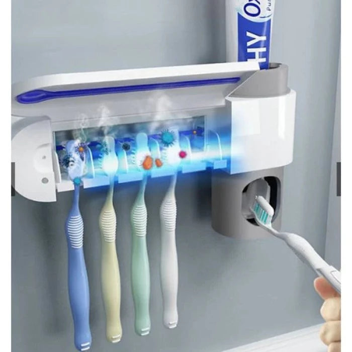 Suport pentru periute de dinti 3 in 1, sterilizator antibacterian cu lumina ultraviolete, suport 4 periute si dispenser pasta de dinti AND032