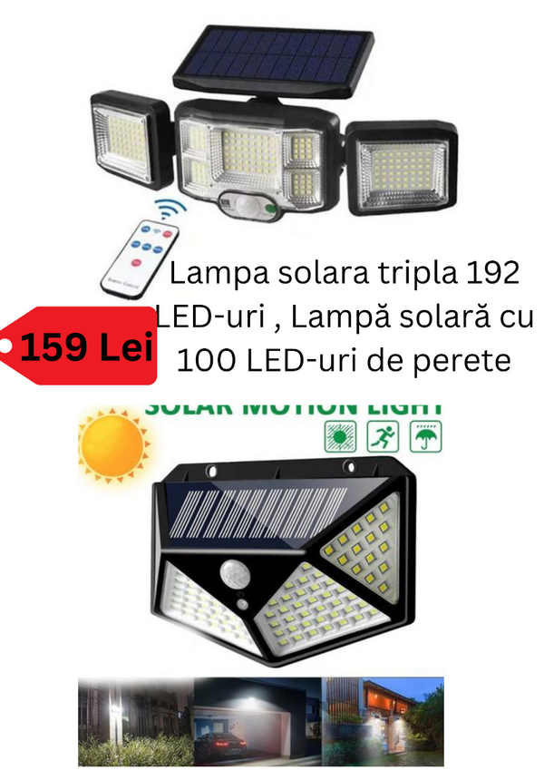 Lampa solara tripla 192 LED + Lampă solară cu 100 LED-uri de perete 5 buc