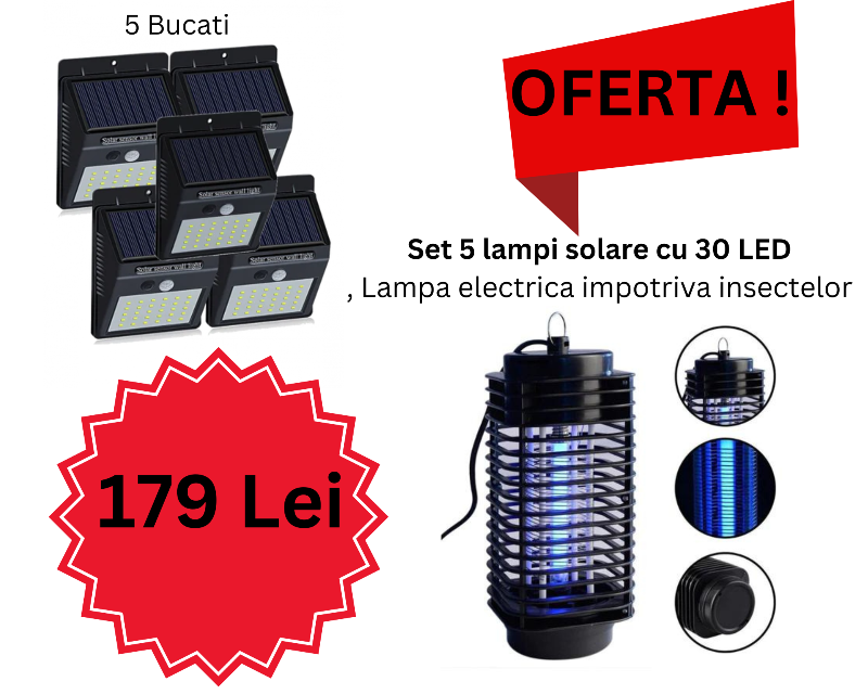 Set 5 lampi solare cu 30 LED, senzor de miscare si senzor de lumina + Lampa electrica impotriva insectelor