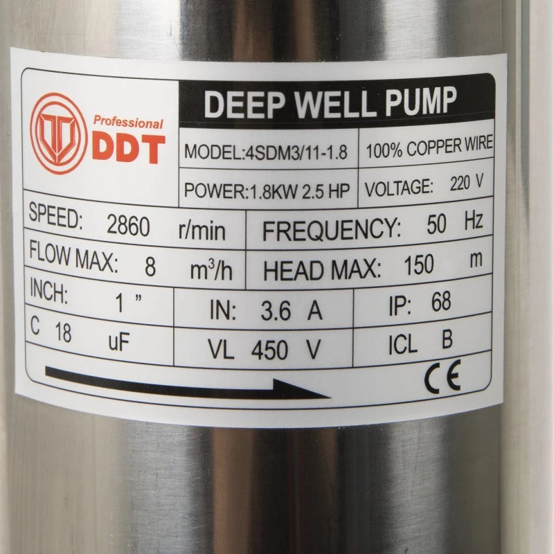 Pompa submersibila de mare adancime, DDT, 4SDM3-11, 1800 W, 8 m³/h, 11 turbine, Inox, 30 m cablu DWR208