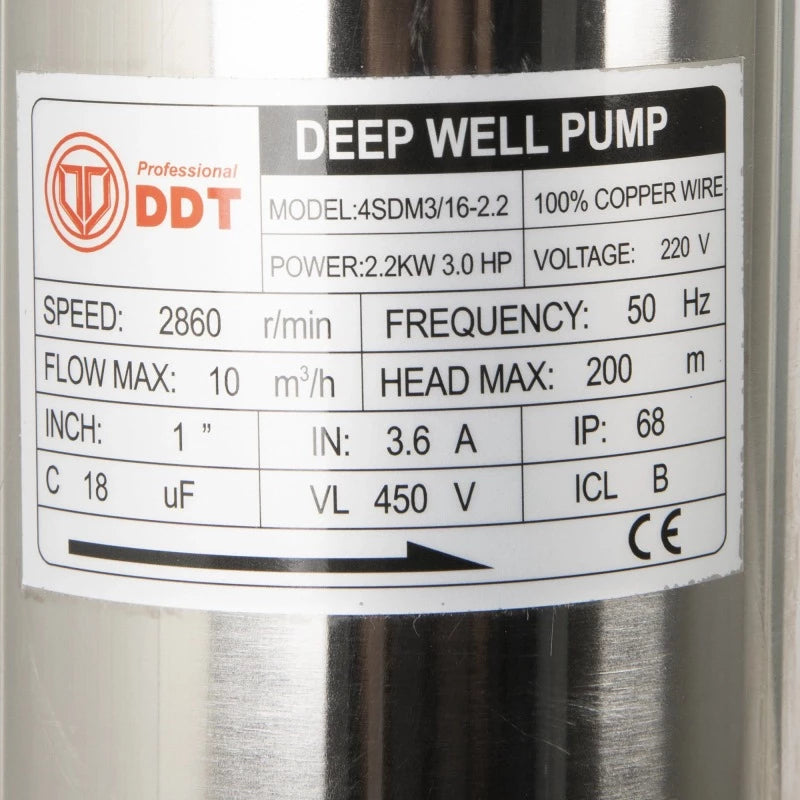 Pompa submersibila de mare adancime, DDT, 4SDM3-16, 2200 W, 16 turbine, 10 m³/h Inox, 30 m cablu DWR221