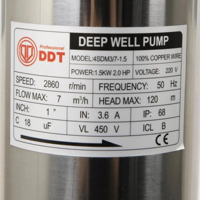 Pompa submersibila de mare adancime, DDT, 4SDM3-7, 1500 W, 7 m³/h, 7 turbine, Inox, 30 m cablu DWR207